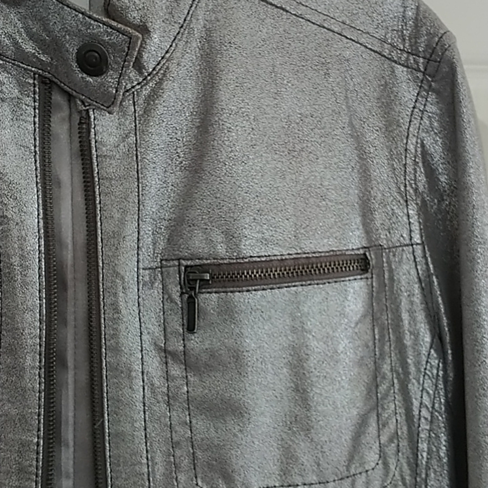 Chico's Silver Metallic Genuine Leather Moto Jacket Chico's 1 (US 8/10) - Picture 6 of 12